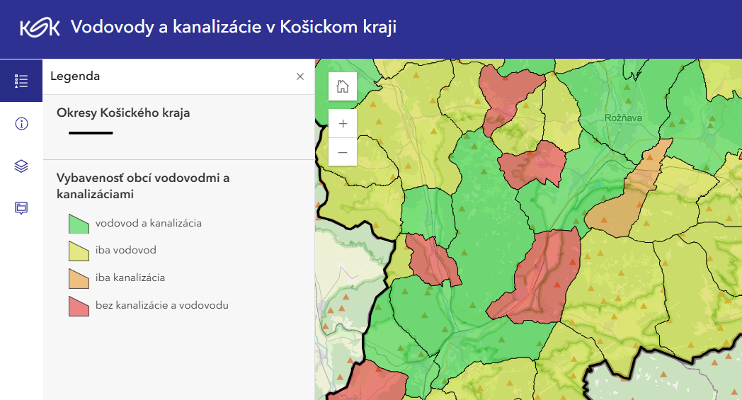 Vybavenosť obcí KSK vodovodom a kanalizáciou